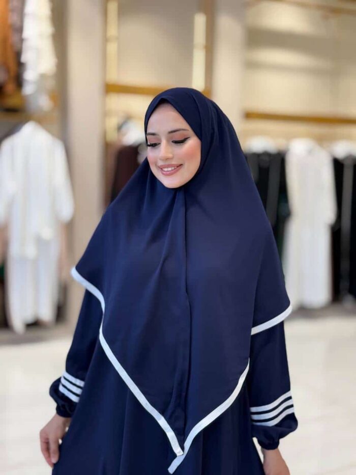 Abaya Set mit Khimar und Kontraststreifen – Schwarz & Navy – Bild 5