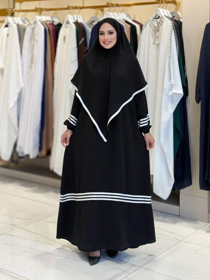 Abaya Set mit Khimar und Kontraststreifen – Schwarz & Navy – Bild 8