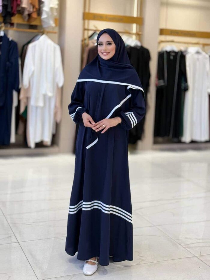 Abaya Set mit Khimar und Kontraststreifen – Schwarz & Navy – Bild 4