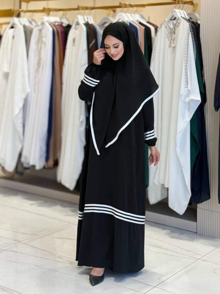 Abaya Set mit Khimar und Kontraststreifen – Schwarz & Navy – Bild 9