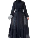 Elegante schwarze Abend-Abaya mit Pailletten & Volantrock