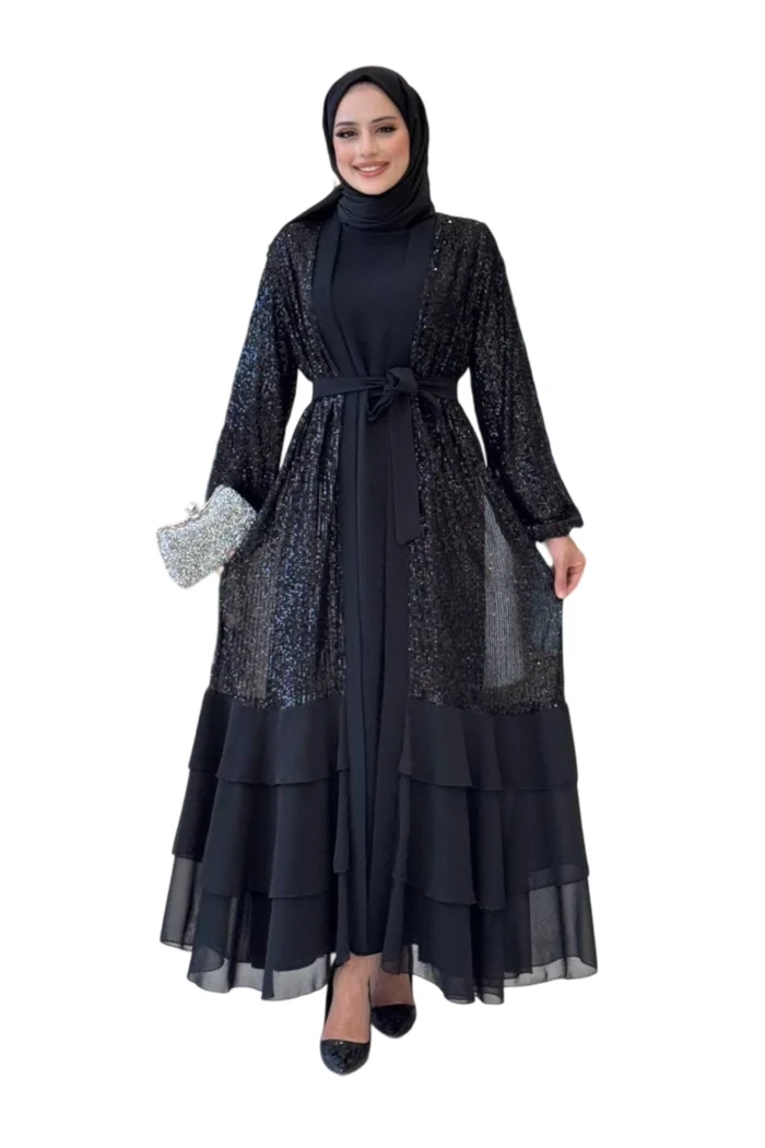 Elegante schwarze Abend-Abaya mit Pailletten & Volantrock – Bild 1