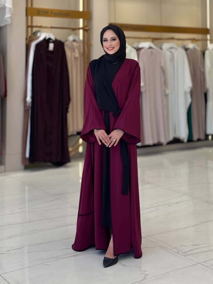 Elegante Zweifarbige Abaya in Weinrot und Schwarz – Bild 4