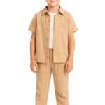 Beiges 3-teiliges Jungen-Set – Hemd, Hose & Unterhemd