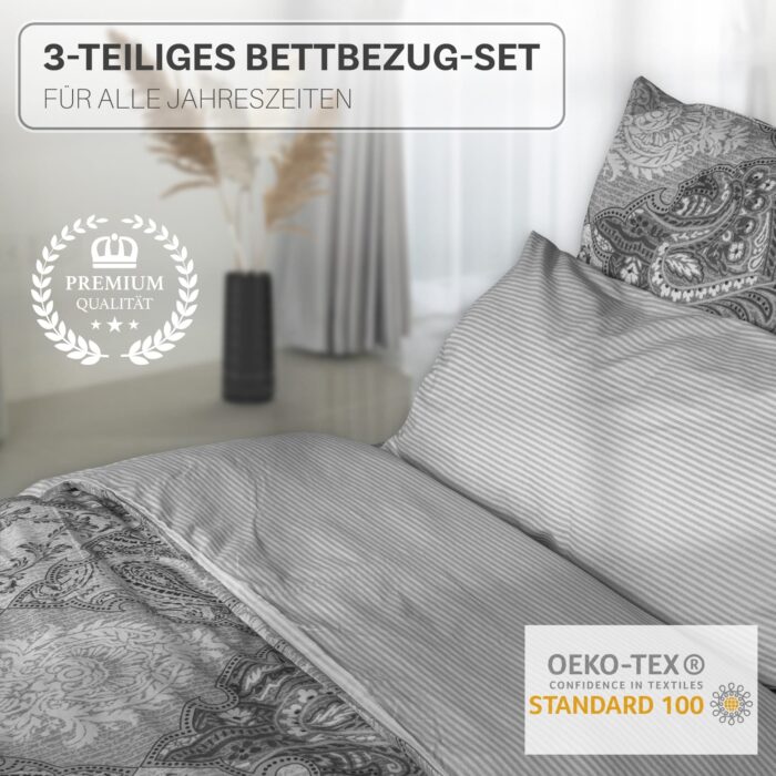 Bettwäsche 3-teiliges Set in Schwarz und Silbergrau | OEKO-TEX zertifiziert – Bild 2