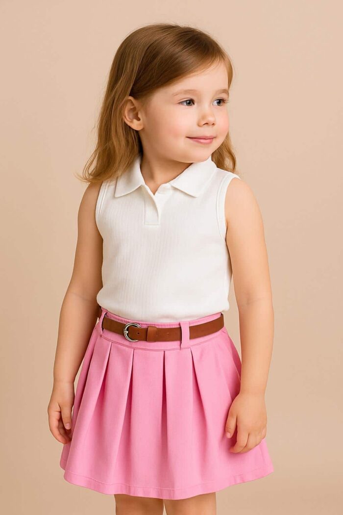 Mädchen 2-teiliges Set – Ärmelloses Poloshirt mit Faltenrock und Gürtel – Bild 3