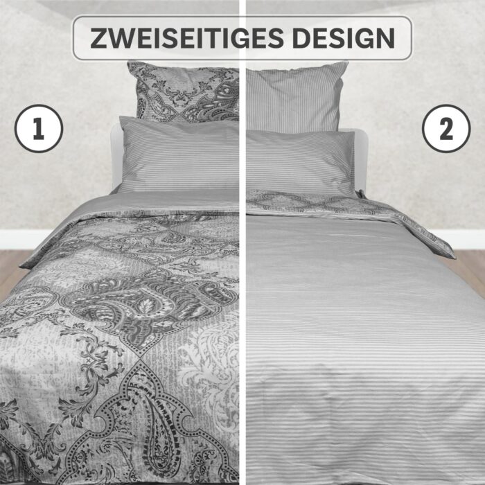 Bettwäsche 3-teiliges Set in Schwarz und Silbergrau | OEKO-TEX zertifiziert – Bild 3