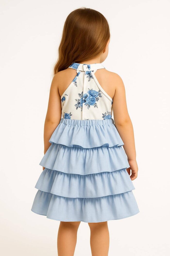 Mädchen Sommerkleid mit Hut – Blau & Weiß mit Blumenmuster und Volantrock – Bild 2