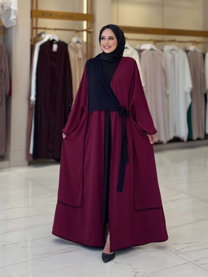 Elegante Zweifarbige Abaya in Weinrot und Schwarz – Bild 2
