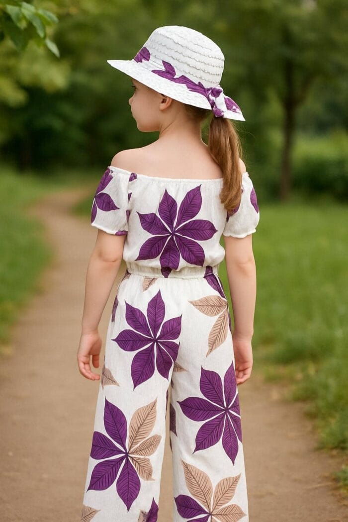 Sommer Mädchen Jumpsuit mit Blumenprint & Sonnenhut – Off-Shoulder Style – Bild 3
