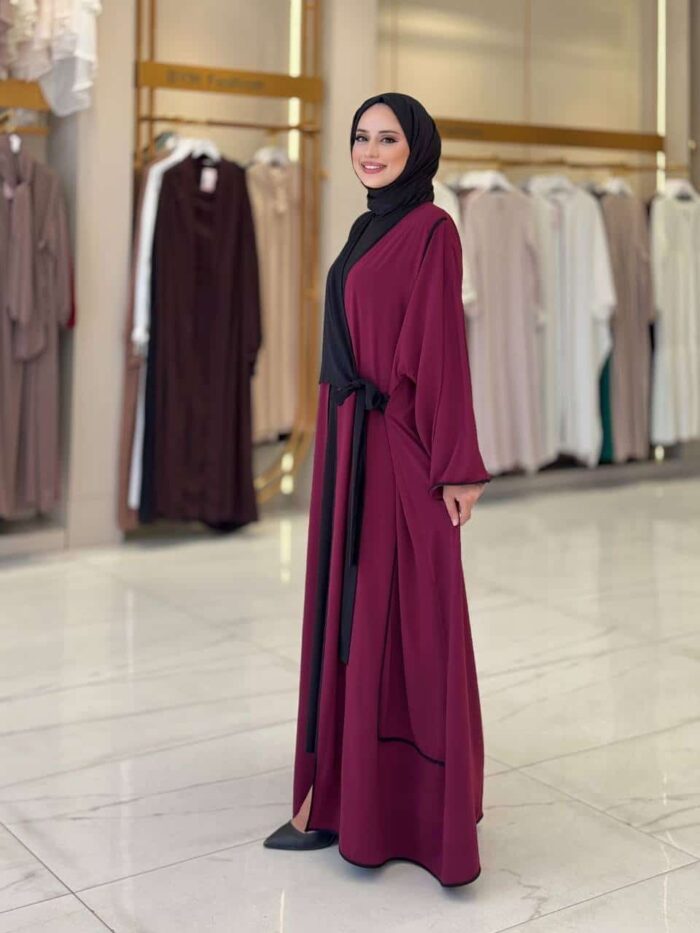 Elegante Zweifarbige Abaya in Weinrot und Schwarz – Bild 5