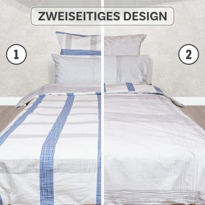 Bettwäsche-Set mit blau-grauen Karos auf Weiß | OEKO-TEX® zertifiziert – Bild 3
