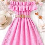 Mädchen Sommerkleid mit Rüschen und Gürtel in Rosa – Bild 3