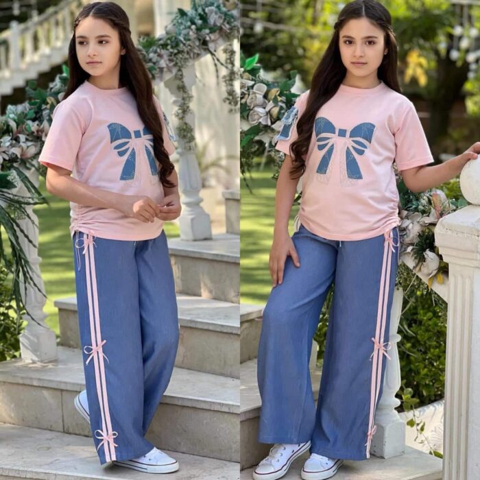Mädchen Sommer Set – Rosa Schleifen-Shirt & Hose mit Bändern – Bild 2