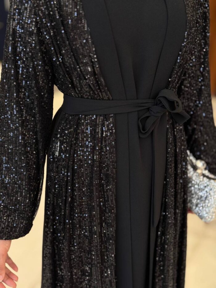 Elegante schwarze Abend-Abaya mit Pailletten & Volantrock – Bild 7