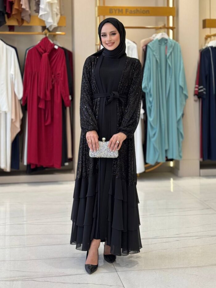 Elegante schwarze Abend-Abaya mit Pailletten & Volantrock – Bild 3