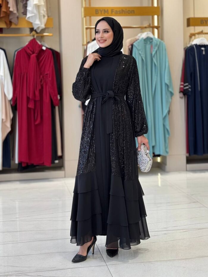 Elegante schwarze Abend-Abaya mit Pailletten & Volantrock – Bild 4