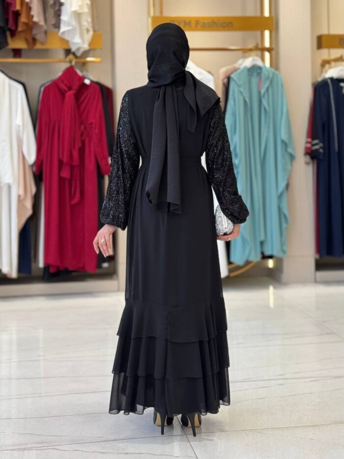 Elegante schwarze Abend-Abaya mit Pailletten & Volantrock – Bild 5