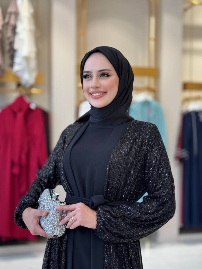 Elegante schwarze Abend-Abaya mit Pailletten & Volantrock – Bild 6