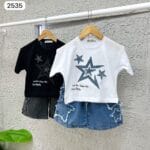 Trendiges Mädchen Sommer Set | Weißes Stern T-Shirt & Jeans-Bermuda – Bild 2