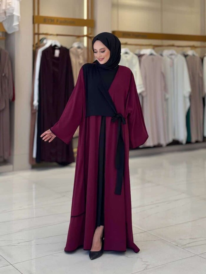 Elegante Zweifarbige Abaya in Weinrot und Schwarz – Bild 3