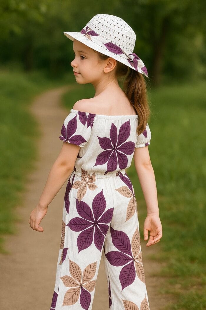 Sommer Mädchen Jumpsuit mit Blumenprint & Sonnenhut – Off-Shoulder Style – Bild 2