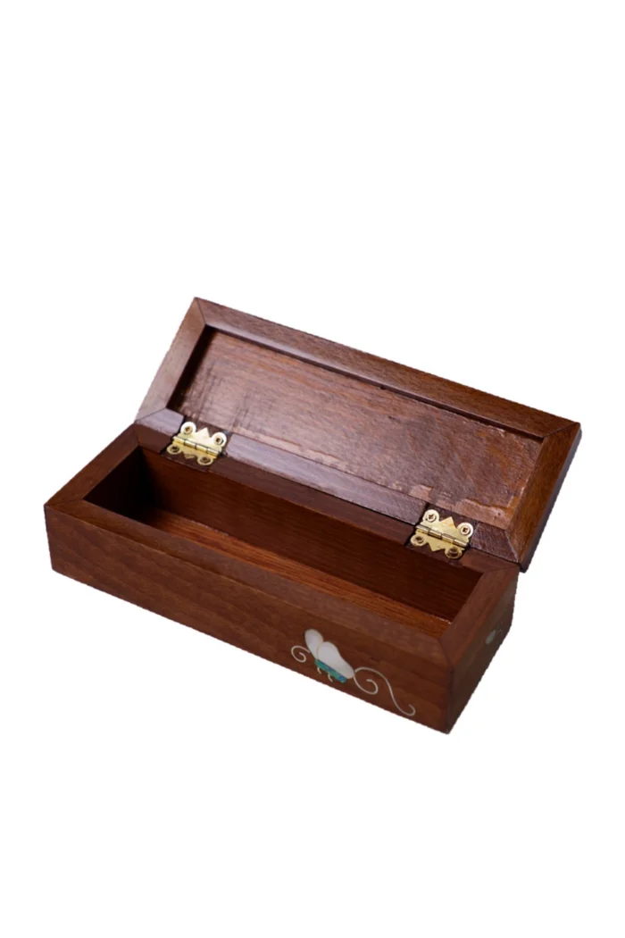 Handgefertigte Schmuckbox aus Holz mit Perlmutt-Intarsien – Bild 3