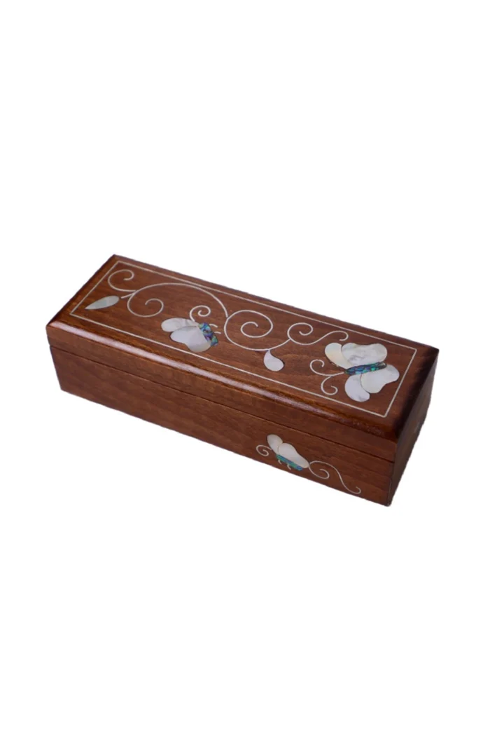 Handgefertigte Schmuckbox aus Holz mit Perlmutt-Intarsien – Bild 2
