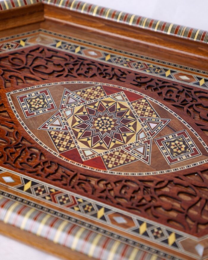 Handgefertigtes Damaskus Mosaiktablett aus Holz – Orientalisch – Bild 3