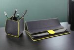Eleganter Schreibtisch-Stiftehalter aus Leder | Schwarz-Gelb – Bild 2