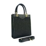 Vertikale Handtasche aus Leder und Stroh | Schwarz – Bild 3