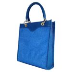 Vertikale Handtasche aus Leder und Stroh | Blau