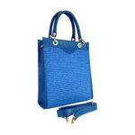 Vertikale Handtasche aus Leder und Stroh | Blau – Bild 3