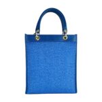 Vertikale Handtasche aus Leder und Stroh | Blau – Bild 5
