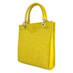 Vertikale Handtasche aus Leder & Stroh | Gelb