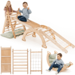 5in1 Montessori Klettergerüst Set: Kletterdreieck mit Rutsche, Kletterbogen, Kletternetz und Kissen, für Kinder 1-7 Jahre – Beige - Image 7