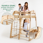 6in1 Indoor Spielplatz für Kinder: Klettergerüst mit Kletternetz, Rutsche, Gymnastikringe, Hängende Leiter und Disc-Schaukel – Beige - Image 3