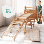 7in1 Montessori Klettergerüst Set: Kletterdreieck, Kletterbogen mit Kissen, Rutsche, Kletternetz, Maltafel und Kinderstuhl, für Kinder 1-7 Jahre – Beige – Bild 5