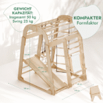 8in1 Indoor Spielplatz: Klettergerüst mit Kletternetz, Rutsche, Gymnastikringe, Hängende Leiter, Disc-Schaukel, Maltafel und Kinderstuhl – Beige – Bild 2