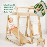 8in1 Indoor Spielplatz: Klettergerüst mit Kletternetz, Rutsche, Gymnastikringe, Hängende Leiter, Disc-Schaukel, Maltafel und Kinderstuhl – Beige – Bild 5