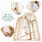 8in1 Indoor Spielplatz: Klettergerüst mit Kletternetz, Rutsche, Gymnastikringe, Hängende Leiter, Disc-Schaukel, Maltafel und Kinderstuhl – Beige – Bild 4