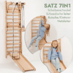 8in1 Kletterwand Indoor: Sprossenwand, Gymnastikringe, Hängende Leiter, Disc-Schaukel, Rutsche, Klimmzugstange, Maltafel und Kinderstuhl für Kinder – Beige – Bild 4