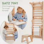 8in1 Kletterwand Indoor: Sprossenwand, Gymnastikringe, Hängende Leiter, Disc-Schaukel, Rutsche, Klimmzugstange, Maltafel und Kinderstuhl für Kinder – Beige – Bild 3