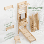 8in1 Kletterwand Indoor: Sprossenwand, Gymnastikringe, Hängende Leiter, Disc-Schaukel, Rutsche, Klimmzugstange, Maltafel und Kinderstuhl für Kinder – Beige – Bild 2