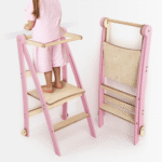 Holz Lernleiter Montessori: Multifunktionaler, klappbarer Lernturm für Kinder – Rosa
